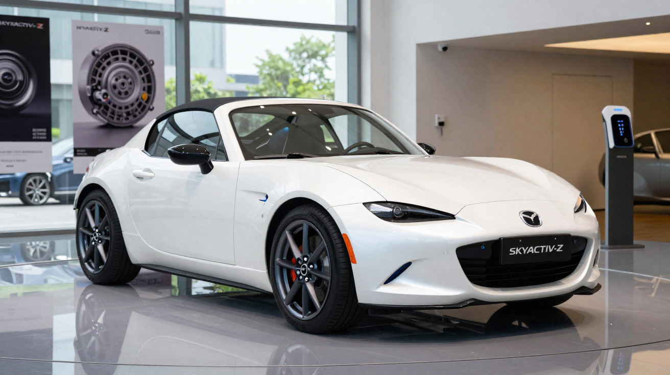 Carro desportivo branco Mazda Skyactiv-Z exibido em showroom moderno com chão refletivo.