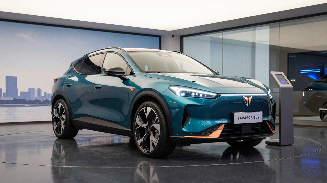 Carro elétrico Cupra Tavascan EV azul em exibição numa sala moderna com chão refletor.