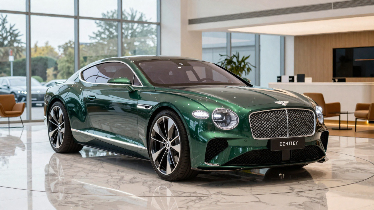 Carro desportivo verde Bentley estacionado num showroom moderno com chão em mármore.