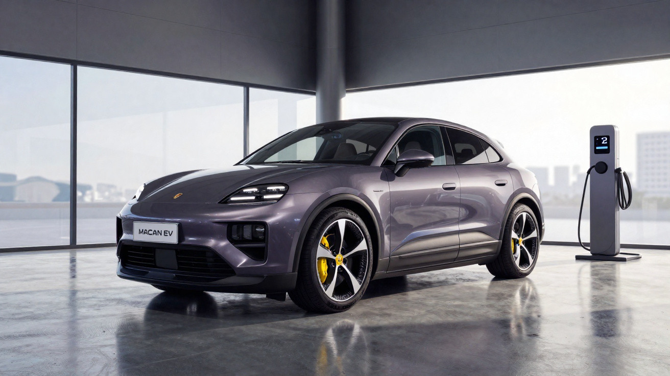 Carro elétrico Porsche Macan EV cinza num interior moderno junto a posto de carregamento.