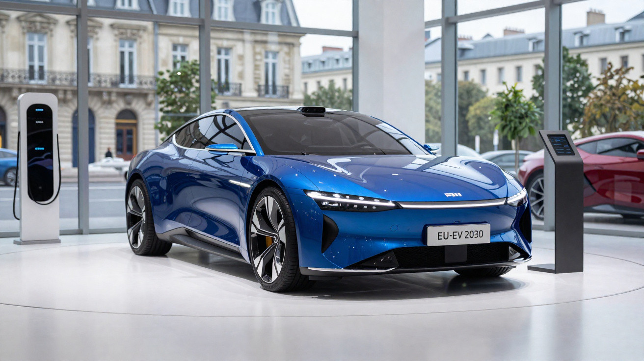 Carro elétrico azul moderno exposto numa sala com janelas amplas e estação de carregamento elétrica.