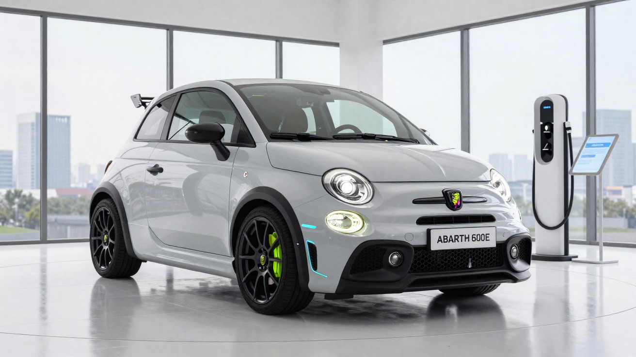 Carro elétrico cinza Abarth 600E estacionado em showroom moderno com estação de carregamento ao fundo.