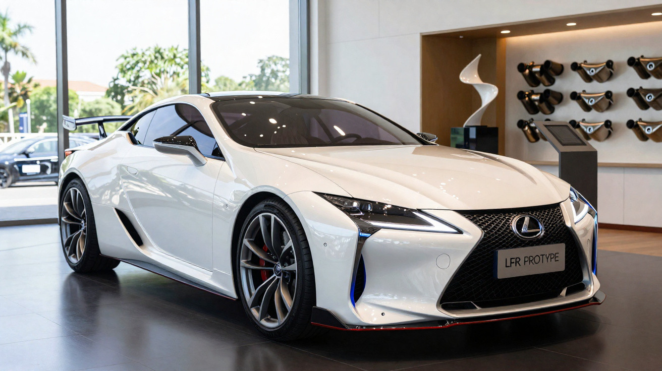Automóvel desportivo branco Lexus LFR Prototype em exposição numa sala moderna com grandes janelas.