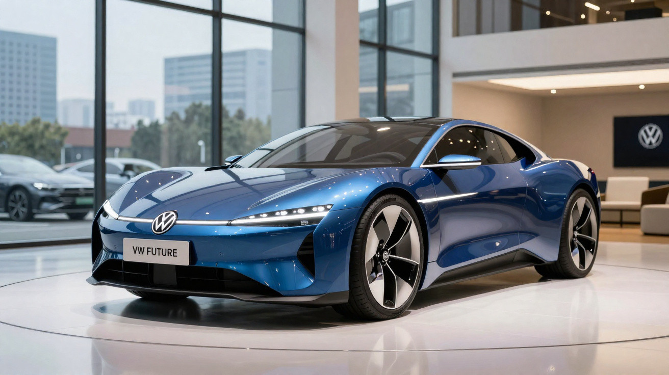 Carro elétrico desportivo azul Volkswagen Future exposto num showroom moderno com grandes janelas.