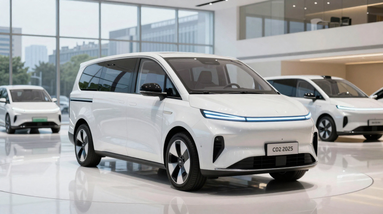 Carro elétrico branco moderno exibido numa sala de exposição com janelas amplas e outros veículos ao fundo.