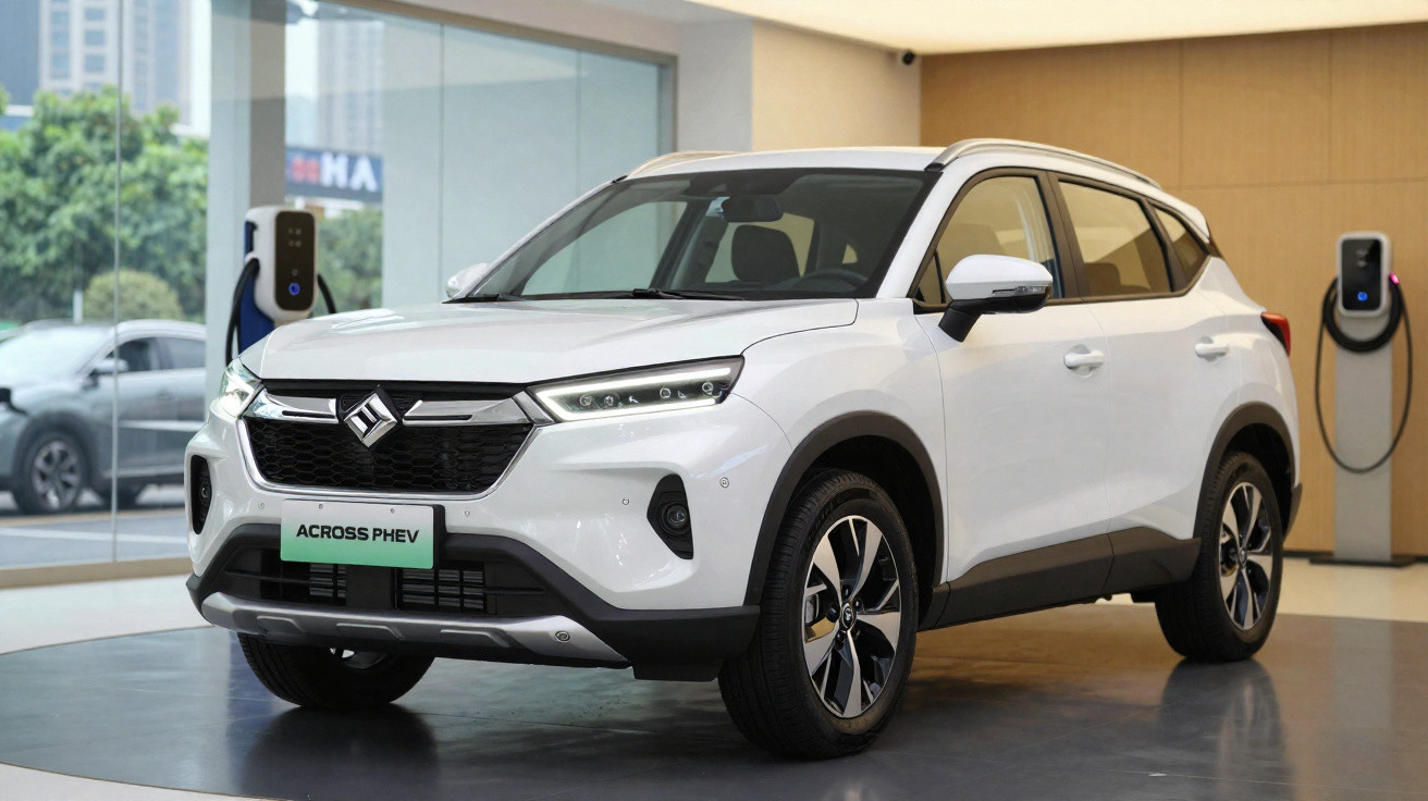 Carro elétrico branco Suzuki Across PHEV estacionado em sala de exposição com postos de carregamento ao fundo.