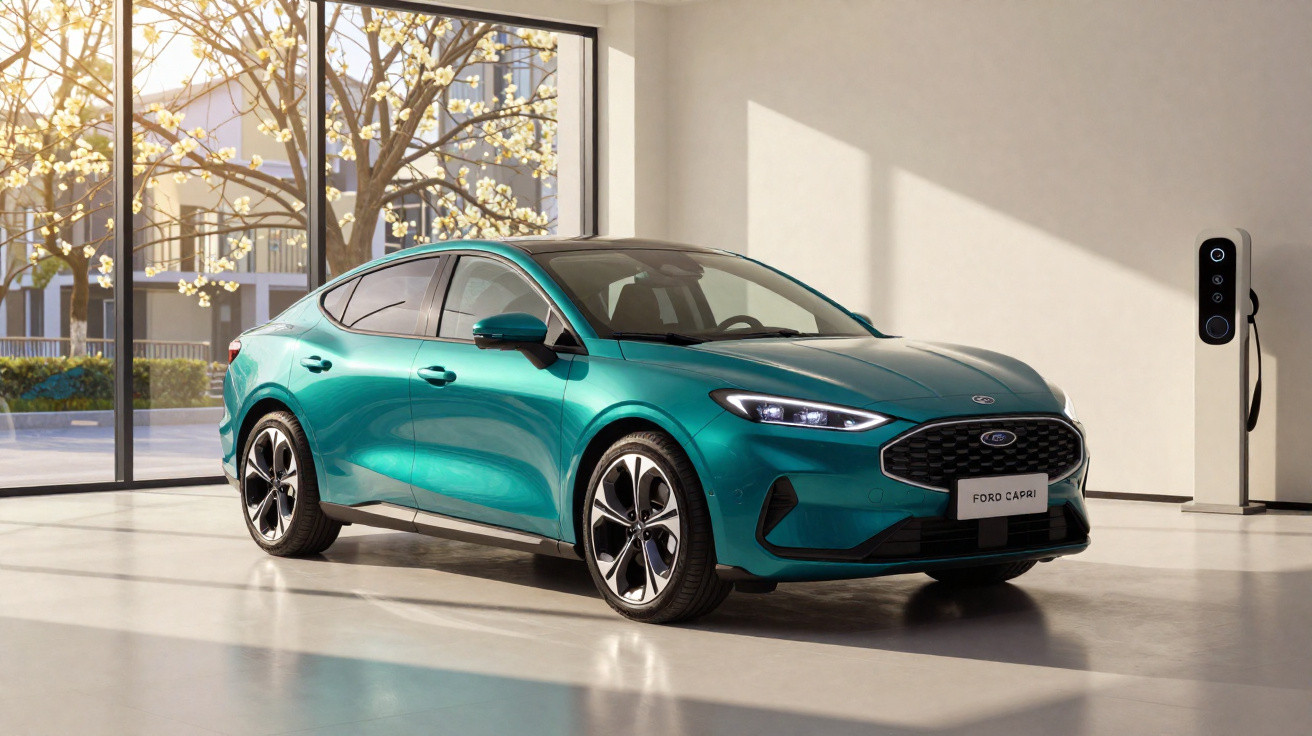Carro eléctrico Ford Mach-E verde estacionado numa garagem moderna com parede branca e grande janela.