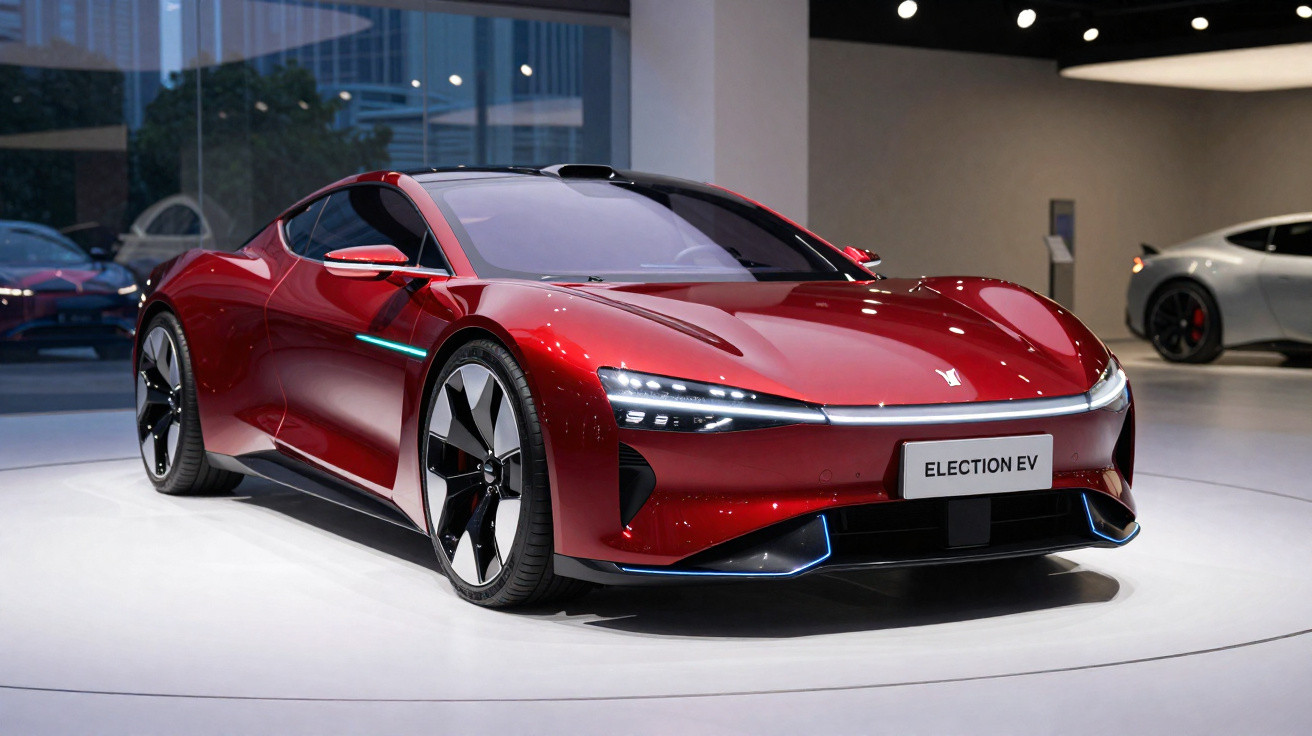 Carro elétrico desportivo vermelho brilhante exposto num salão moderno com iluminação focada.