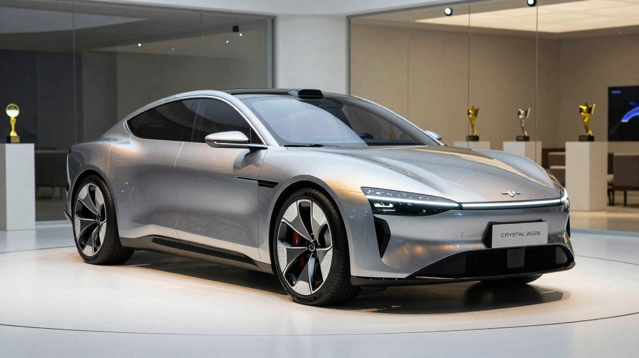 Carro elétrico prateado futurista em exposição num espaço moderno e iluminado.