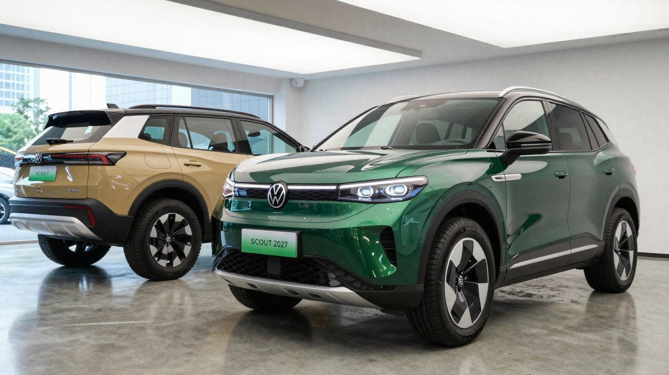 Dois carros Volkswagen SUV elétricos em exposição, um verde à frente e outro bege ao fundo, em showroom moderno.