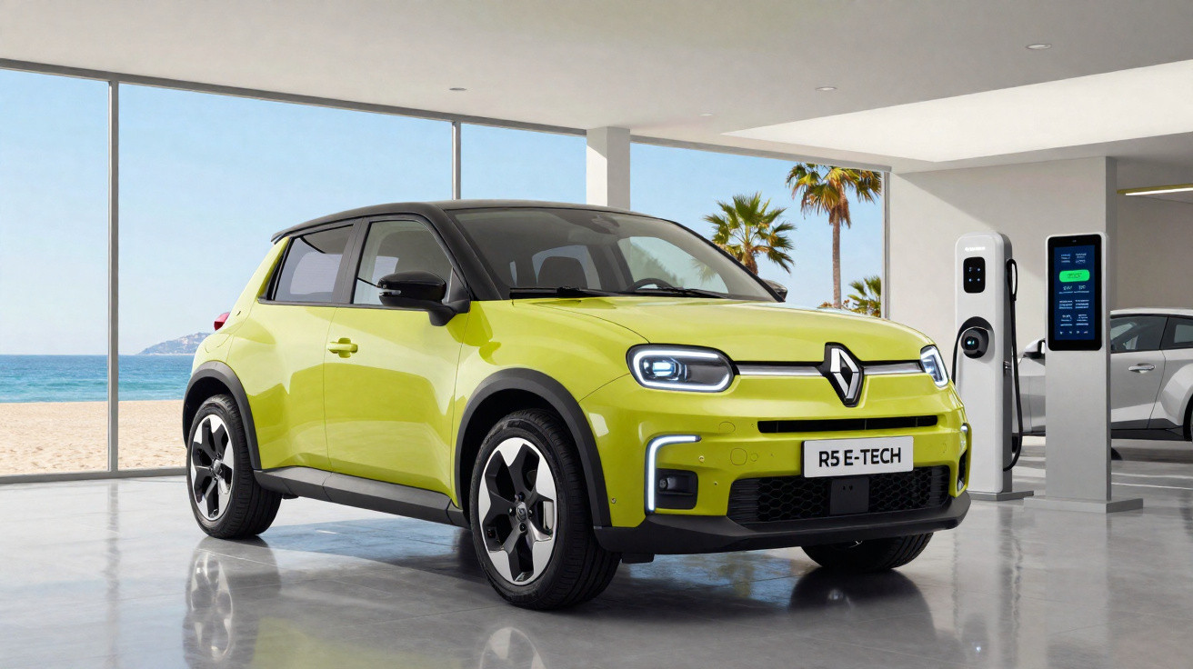 Carro elétrico Renault amarelo estacionado em garagem moderna com vista para praia e postos de carregamento.