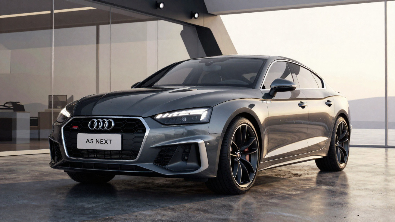 Audi A5 Next cinzento, carro desportivo estacionado numa garagem moderna com chão em cimento polido.