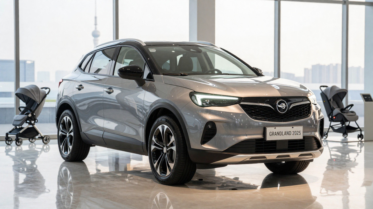 SUV cinzento Opel Grandland 2025 estacionado em interior com carrinhos de bebé ao fundo.