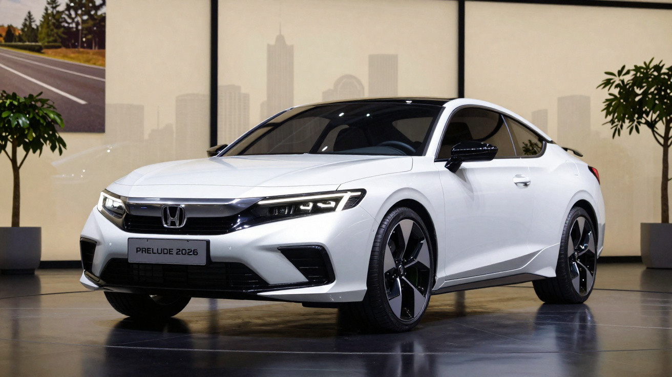 Carro desportivo branco Honda Prelude 2026 estacionado em espaço interior com plantas decorativas.