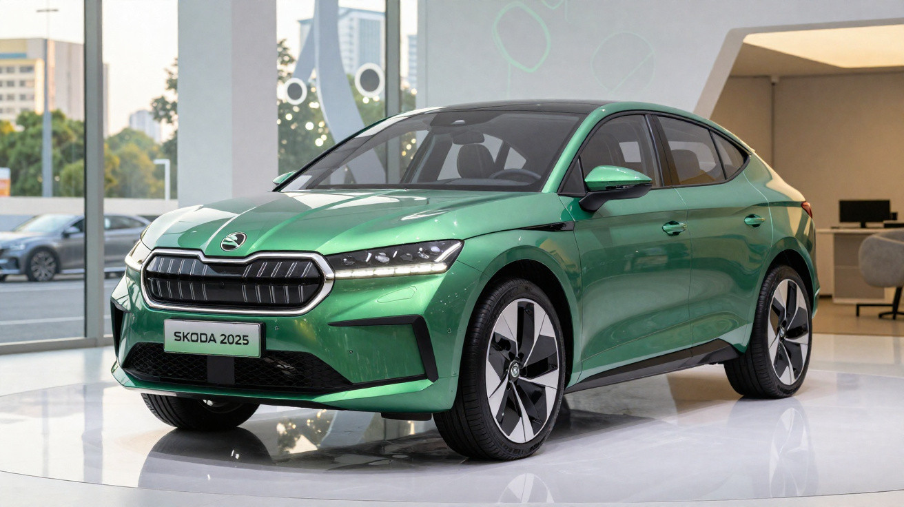 Carro elétrico Škoda 2025 verde exibido numa sala de exposição moderna e iluminada.