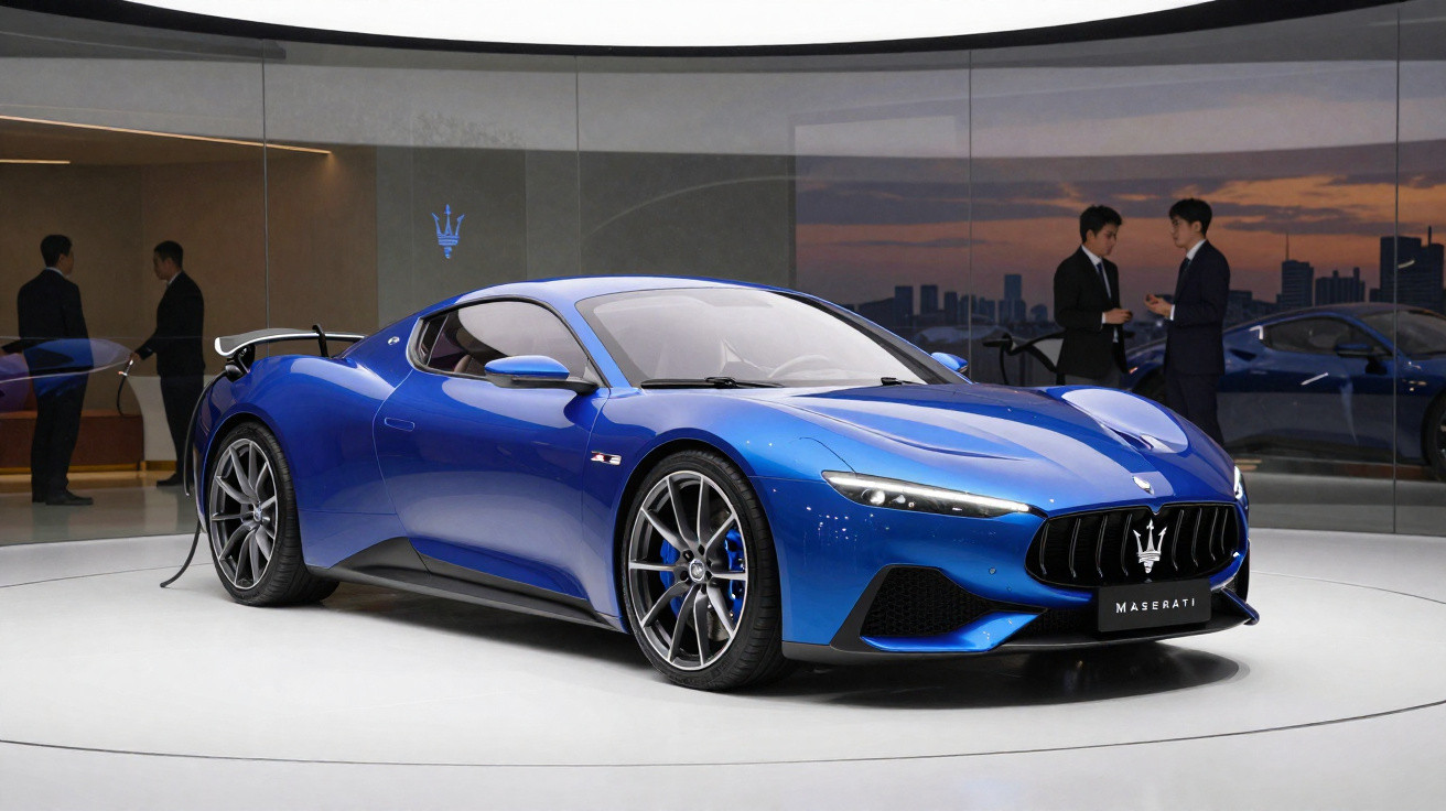 Carro desportivo azul Maserati em exposição num salão moderno com duas pessoas ao fundo.