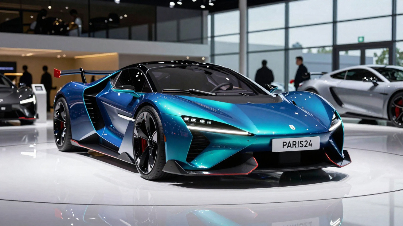 Carro desportivo azul metalizado com design futurista exposto em salão automóvel.