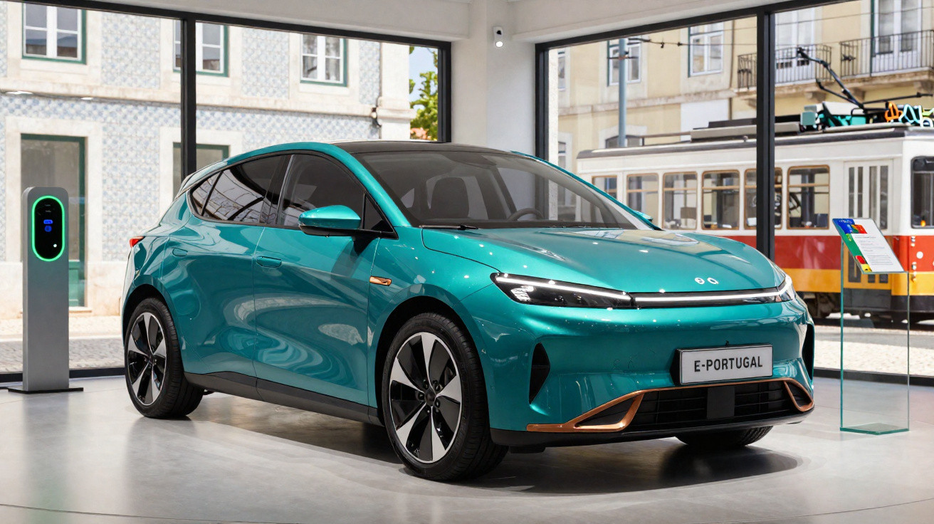 Carro elétrico azul turquesa num espaço interior moderno com posto de carregamento e elétrico tradicional ao fundo.