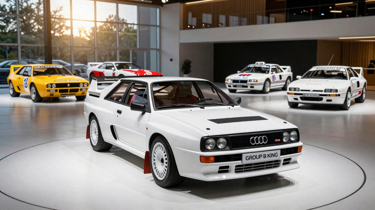 Carros clássicos de rali, com destaque para um Audi branco em exposição num espaço interior luminoso.
