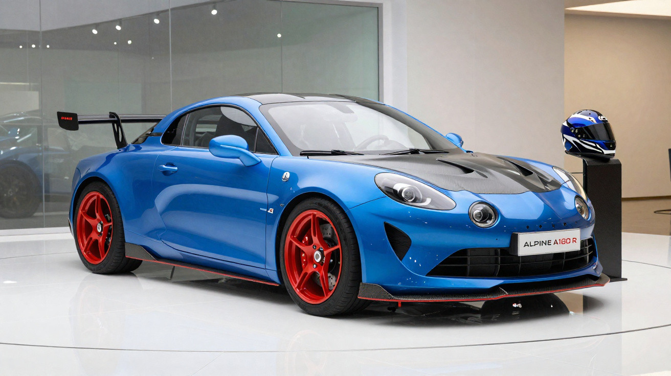 Carro desportivo azul Alpine A110 R com jantes vermelhas e spoiler traseiro numa exposição.