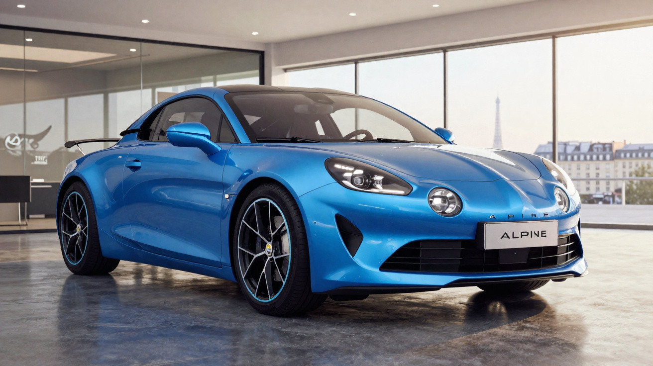 Carro desportivo azul Alpine estacionado num showroom moderno com vista para a Torre Eiffel.