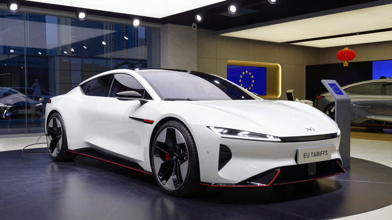 Carro elétrico desportivo branco apresentado em salão com placa EU TARIFFS e decoração moderna.