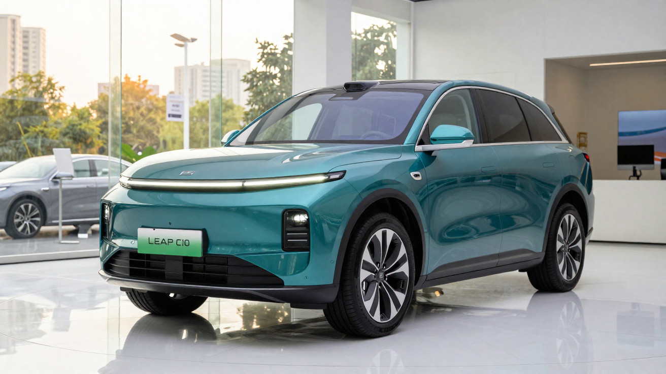 Veículo elétrico SUV verde água LEAP C10 exibido numa sala de exposição moderna com janelas grandes.