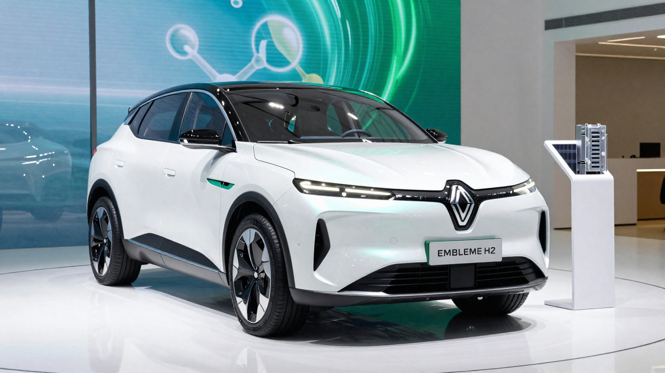 Carro elétrico branco Renault Embleme H2 exposto em apresentação moderna com painel gráfico atrás.