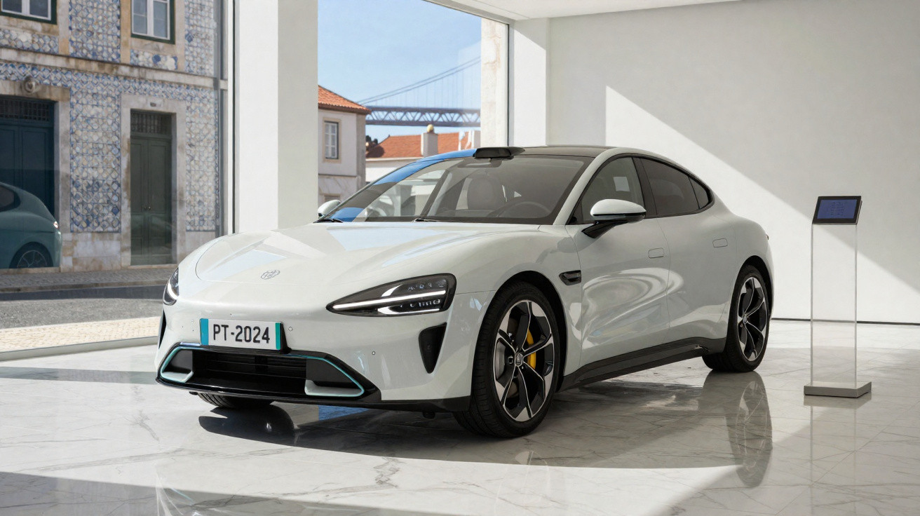 Carro elétrico branco de quatro portas exposto em espaço moderno com chão de mármore e janela grande.