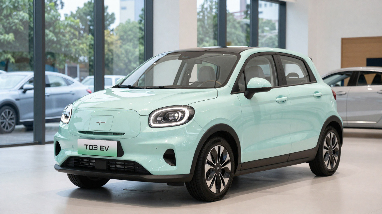 Automóvel elétrico compacto de cor verde claro exibido num showroom com vidro e árvores ao fundo.