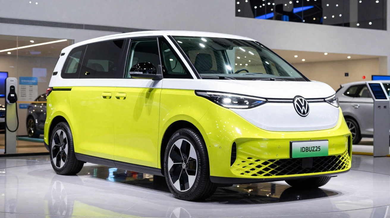 Carro elétrico Volkswagen ID.Buzz 2025 de cor amarela com tejadilho branco, exposto em salão automóvel.