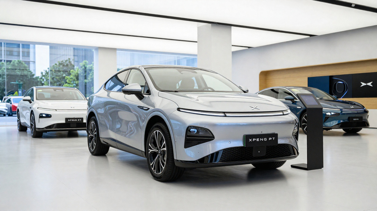 Automóveis elétricos XPeng expostos em showroom moderno e luminoso, com design futurista.