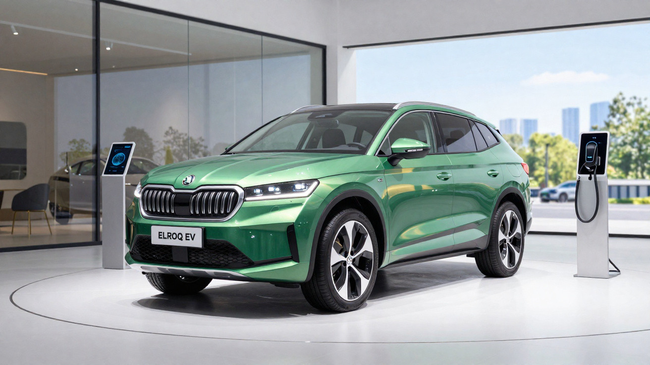 Carro elétrico verde Skoda Elroq EV exposto num espaço moderno com dois postos de carregamento.