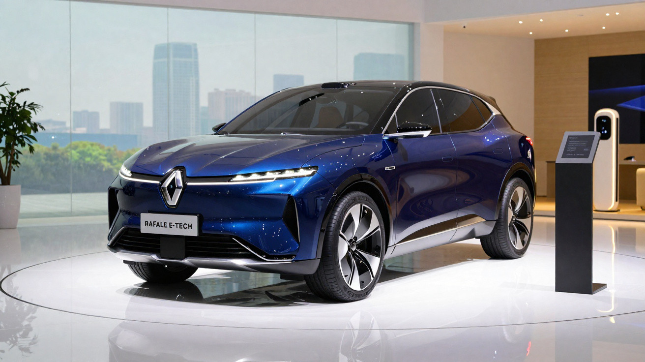 Carro elétrico azul Renault Rafale E-Tech em exposição moderna com painel informativo ao lado.