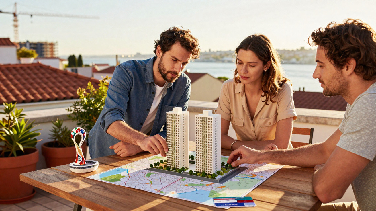 Três pessoas analisam maquete de dois prédios sobre mapa numa mesa ao ar livre ao pôr do sol.