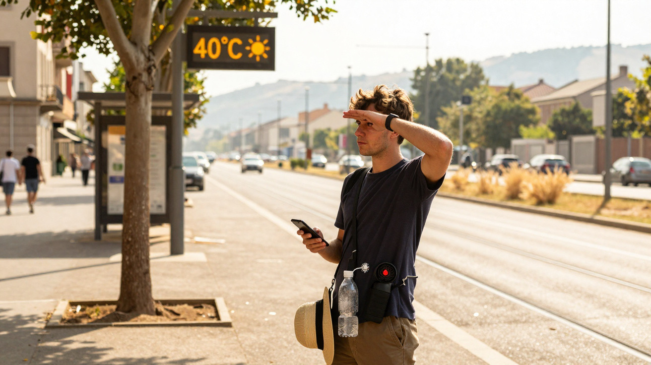 Homem com telemóvel e chapéu na mão protege os olhos do sol junto a um painel que indica 40°C numa rua urbana.