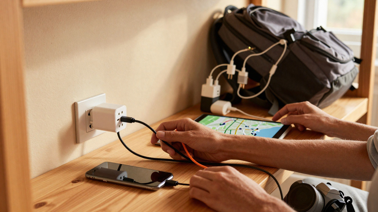 Pessoa a carregar smartphone e tablet com carregador múltiplo ligado à tomada numa mesa de madeira.