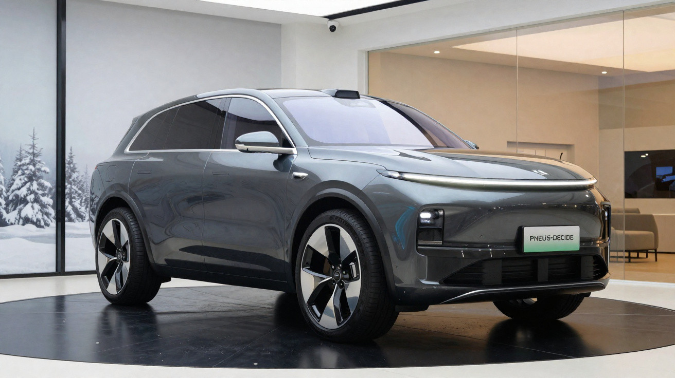 Carro elétrico cinzento escuro, modelo SUV, em exposição numa sala moderna com paredes de vidro.