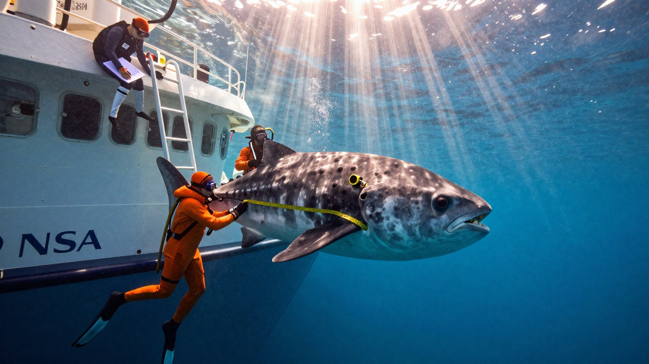 Mergulhadores a medir um grande tubarão-peregrino junto a um barco com luz solar a penetrar na água.