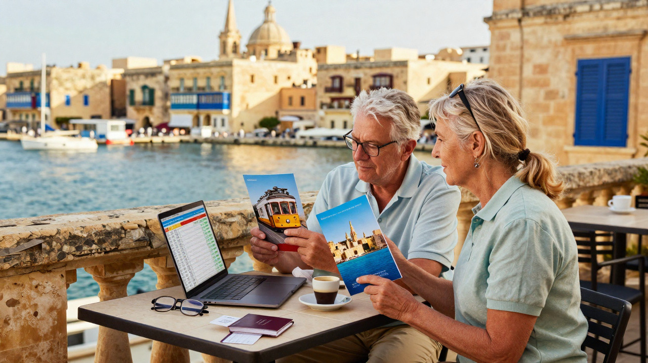 Casal sénior a planear viagem junto ao mar com laptop e guias turísticos numa mesa ao ar livre.