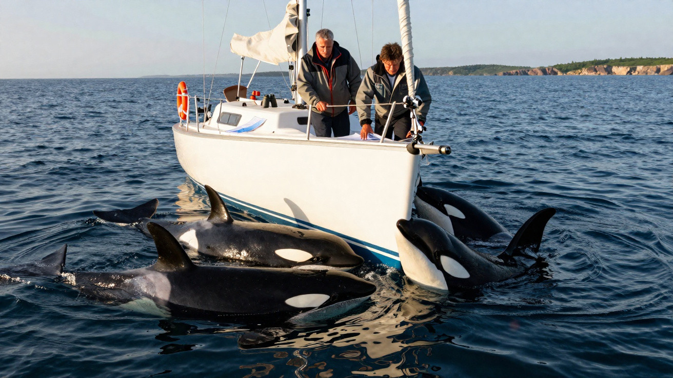 Duas pessoas num veleiro a observar um grupo de orcas a nadar junto ao barco em mar calmo.