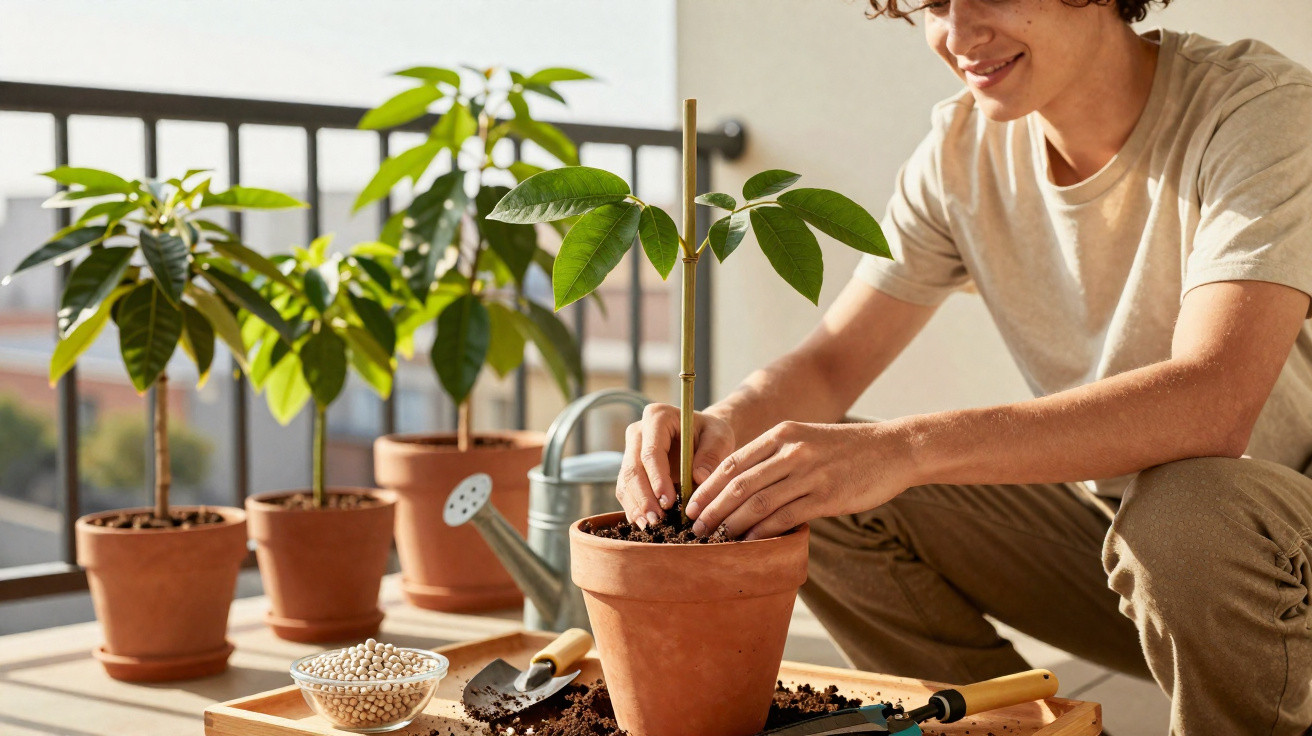 Pessoa a cuidar de plantas jovens em vasos de barro numa varanda iluminada pelo sol.