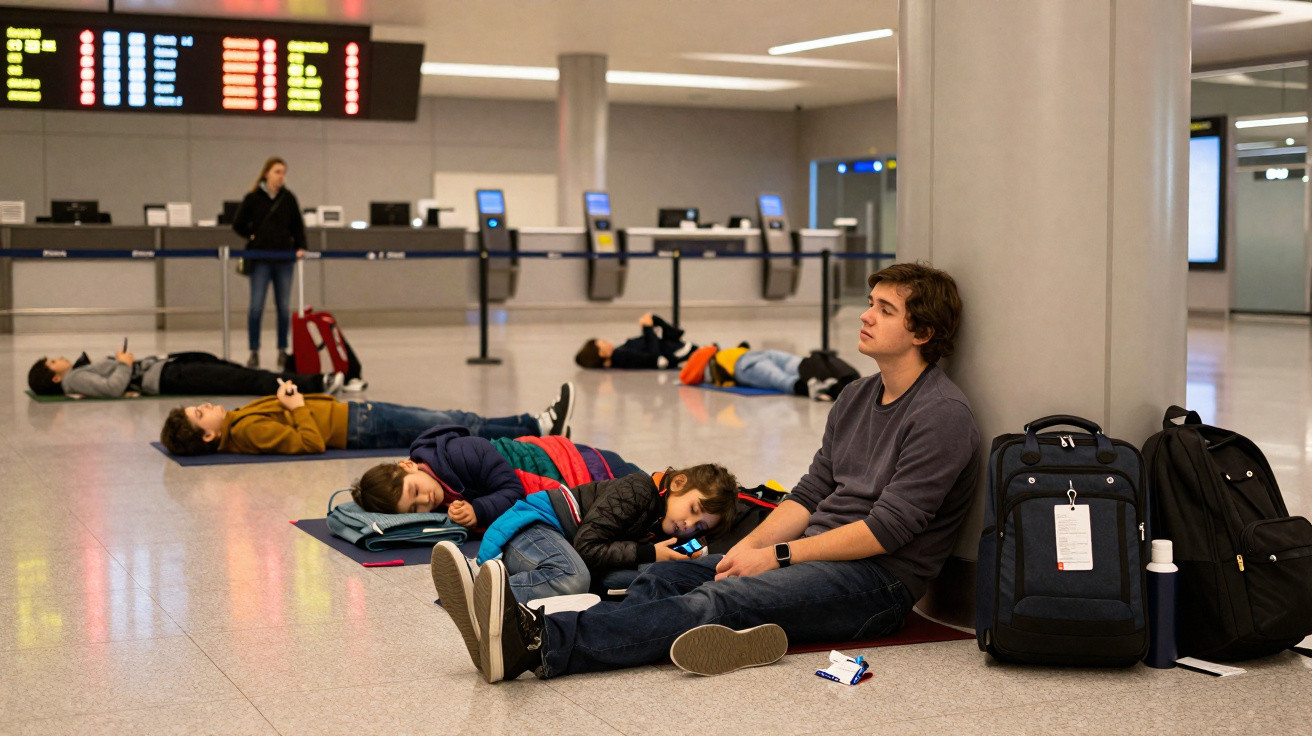 Vários passageiros, incluindo crianças, descansam no chão do aeroporto junto a bagagens e colunas.