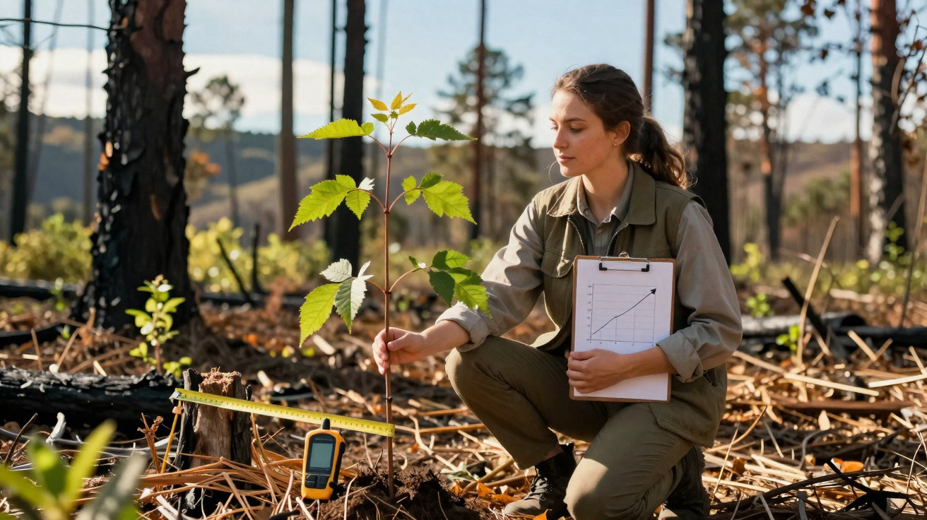 Mulher cientista a medir crescimento de planta jovem numa floresta regenerada após incêndio.