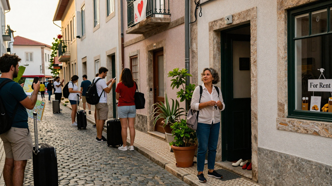 Rua com pessoas à espera em fila, malas de viagem e sinais de "For Rent" em janelas de casas.