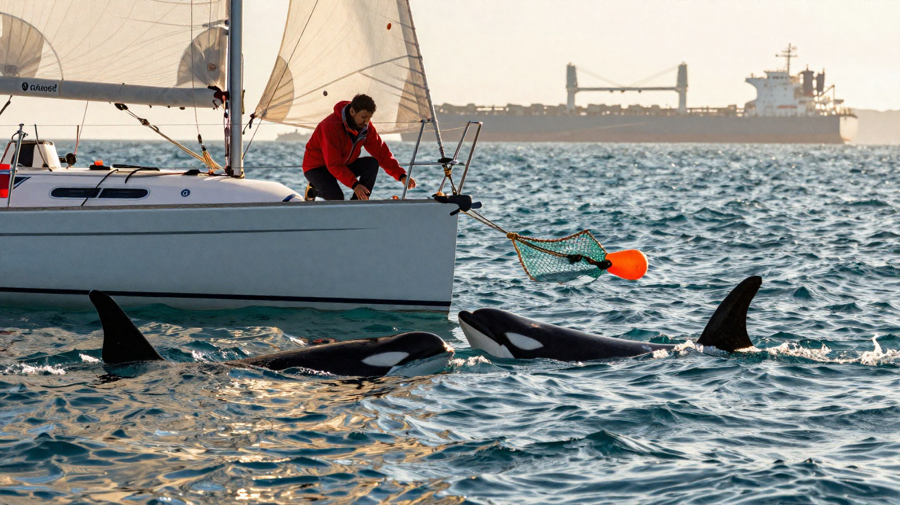 Homem num veleiro com rede estende-se para três orcas que nadam próximas à embarcação.