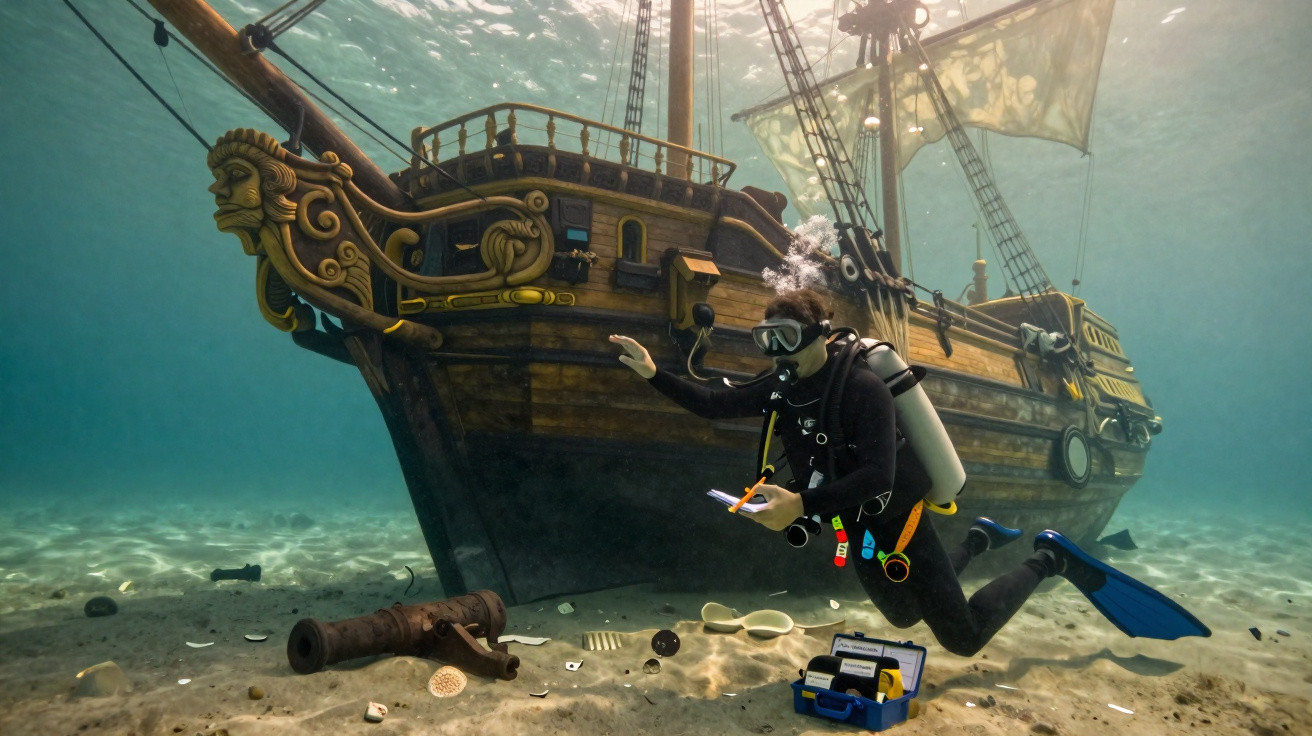 Mergulhador a examinar um navio antigo submerso com artefactos no fundo do mar.
