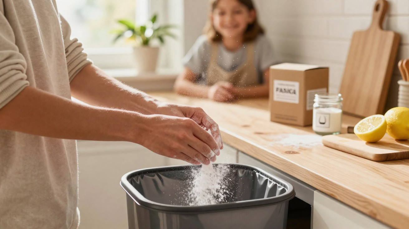 Pessoa a deitar farinha para o caixote do lixo na cozinha com criança sorridente ao fundo.