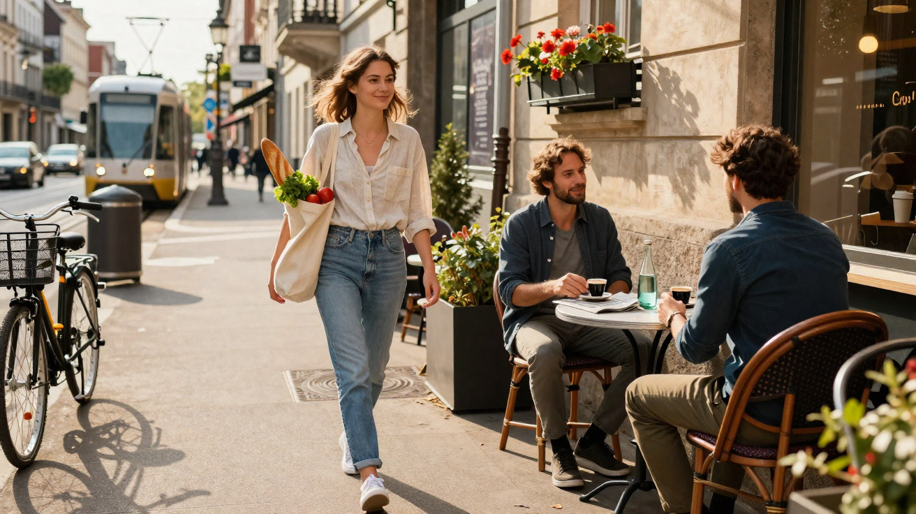 Mulher a caminhar com saco de compras e dois homens sentados a conversar numa esplanada numa rua urbana.