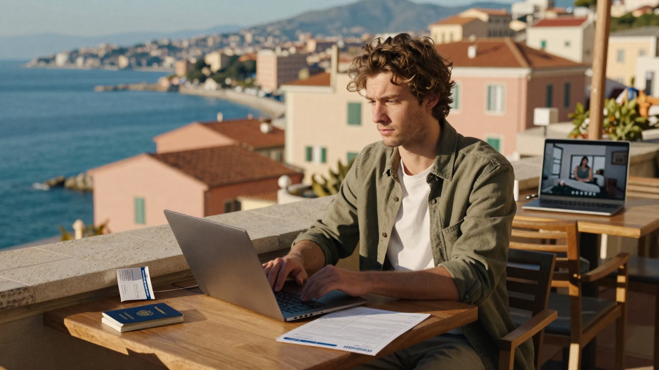 Homem a trabalhar num portátil na esplanada com vista para o mar e edifícios costeiros ao fundo.